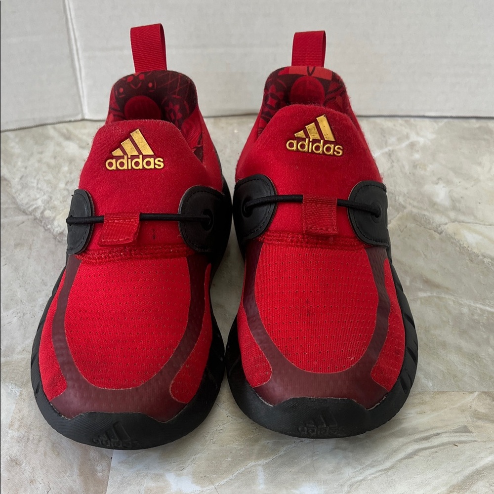 adidas Kids Red Slip-On Sneakers with Gold Logo and Black Accents